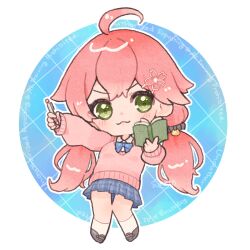 &gt;:) 1girl :3 ahoge amari_(ama_shiiiiiiba) blue_bow blue_bowtie blush bow bowtie cat_hair_ornament chibi chibi_only commentary double-parted_bangs flower_hairclip full_body green_eyes hair_ornament hairclip hololive long_hair looking_at_viewer low_twintails official_alternate_costume official_alternate_hairstyle pink_hair pink_sweater sakura_miko school_uniform shiraken!_shiranai_koto_kenkyukai skirt socks solo sweater twintails v-shaped_eyebrows virtual_youtuber white_skirt white_socks