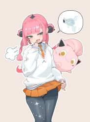 1girl :d absurdres alternate_costume blunt_bangs bright_pupils clothes_lift collared_shirt commentary coral_(pokemon) gen_2_pokemon grey_eyes hand_up highres jin_rou lifting_own_clothes necktie nintendo open_mouth orange_necktie orange_skirt panties panties_under_pantyhose pantyhose pink_hair pleated_skirt pokemon pokemon_(anime) pokemon_(creature) pokemon_horizons puff_of_air remoraid scream_tail shirt skirt skirt_lift smile smug spoken_character sweater twintails underwear white_pupils white_shirt white_sweater