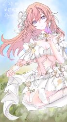 1girl absurdres alternate_costume blue_sky breasts character_name chinese_commentary cleavage commentary_request dated diamond-shaped_pupils diamond_(shape) dress elf elysia_(honkai_impact) flower hair_flower hair_ornament highres honkai_(series) honkai_impact_3rd large_breasts long_hair outdoors pink_dress pink_hair pointy_ears purple_eyes sky smile solo symbol-shaped_pupils wujinxia52550