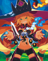 1girl artist_request blonde_hair braid breasts cleavage cowboy_shot detached_collar disgaea flat_color floating_hair green_eyes grin harada_takehito hat helmet holding holding_sword holding_weapon hyakkihei long_hair majo_to_hyakkihei medium_breasts metallica_(majo_to_hyakkihei) navel official_art outstretched_arm rozalin sharp_teeth smile sword tagme teeth thick_eyebrows twin_braids very_long_hair weapon witch witch_hat