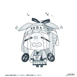 1girl a4_(a4_eishi) animal_ears blunt_bangs bow bowtie chibi chibi_only chrono_genesis_(umamusume) commentary_request crying disclaimer ears_down full_body greyscale hachimaki hair_ribbon hand_fan headband highres holding holding_fan horse_ears horse_girl long_hair long_sleeves monochrome motion_lines otaku paper_fan pleated_skirt ribbon sailor_collar sailor_shirt shirt sidelocks signature skirt solo streaming_tears tears translation_request twitter_username uchiwa umamusume