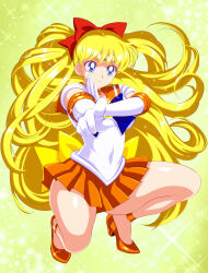 Rule 34 | 1girl, aino minako, bishoujo senshi sailor moon, blonde hair, blue eyes, bow, bowtie, choker, covered navel, crescent beam, elbow gloves, full body, gloves, high heels, highres, legs, long hair, miniskirt, orange choker, orange hair, orange sailor collar, orange skirt, pirochi, pleated skirt, pointing, pump, red bow, red bowtie, sailor collar, sailor senshi, sailor senshi uniform, sailor venus, skirt, solo, squatting, very long hair, white gloves