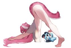1girl all_fours animal_ears ass barefoot bottomless breasts cat_stretch chattino_(raora_panthera) closed_eyes commentary english_commentary feet from_side grey_shirt hair_spread_out highres hololive hololive_english large_breasts long_hair mr_thecatman naked_shirt panther_ears panther_girl panther_tail pink_hair raora_panthera shirt simple_background soles stretching tail tiptoes toes top-down_bottom-up very_long_hair virtual_youtuber white_background white_streaks