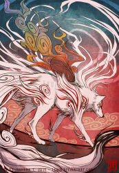amaterasu_(ookami) animal animal_focus artist_logo closed_mouth cloud commentary dated english_commentary from_side full_body lhuin logo no_humans ookami_(game) outdoors reflector_(ookami) smoke solo standing white_wolf wolf