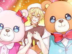 Rule 34 | 1boy, :d, beret, blonde hair, brown jacket, chef, food-themed clothes, glasses, green eyes, hair between eyes, hat, head tilt, jacket, kurabayashi, light particles, locked arms, looking at viewer, male focus, mascot costume, official alternate costume, open mouth, orange background, shinomiya natsuki (uta no prince-sama), short hair, smile, sparkle, straight-on, stuffed animal, stuffed toy, teddy bear, upper body, uta no prince-sama, white hat, white jacket