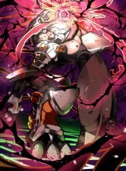 absurdres arm_up armor black_armor black_scales black_skin blackwargreymon blonde_hair claw_(weapon) colored_skin digimon digimon_(creature) dragon electricity full_body helmet highres horns papipupepopth powering_up short_hair solo weapon yellow_eyes