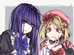 2girls beret black_dress black_gloves blonde_hair blue_bow blue_bowtie blue_eyes blue_hair bow bowtie closed_mouth commentary dress english_commentary expressionless frederica_bernkastel frilled_dress frills gloves hair_bow hand_on_another&#039;s_cheek hand_on_another&#039;s_face hat hat_bow jewelry lambdadelta long_hair looking_at_viewer multiple_girls necklace pearl_necklace pink_dress pink_hat red_bow red_bowtie red_eyes short_hair sweater_701 umineko_no_naku_koro_ni v