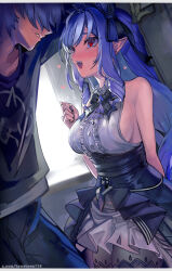 1boy 1girl bare_shoulders black_pantyhose blush breasts clenched_hand commentary_request fang grey_hair heart hetero large_breasts long_hair mole mole_under_eye paid_reward_available pantyhose pointy_ears purple_nails red_eyes sideboob sleeveless sweatdrop teeth textless_version towatowa114 vivian_banshee wise_(zenless_zone_zero) zenless_zone_zero