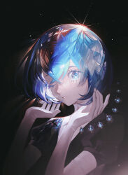 1other absurdres black_background black_necktie blue_eyes blue_hair bob_cut colored_eyelashes crystal_hair diamond_(houseki_no_kuni) elbow_gloves gem gem_uniform_(houseki_no_kuni) gloves hands_up highres houseki_no_kuni huli_xiaobai light_particles looking_at_viewer necktie one_eye_closed other_focus parted_lips puffy_short_sleeves puffy_sleeves short_hair short_sleeves solo upper_body user_zenn5372 white_gloves