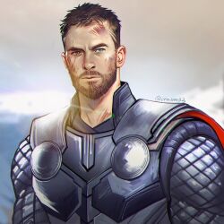 1boy armor avengers_(series) blue_eyes brown_eyes bruise bruise_on_face cape closed_mouth commentary english_commentary facial_hair heterochromia injury looking_to_the_side male_focus marvel marvel_cinematic_universe mistermagnolia red_cape scar scar_across_eye scar_on_face serious short_hair sideways_glance solo thor_(marvel) upper_body very_short_hair
