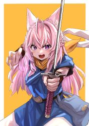 Rule 34 | 1girl, :3, animal ear fluff, animal ears, antenna hair, arm up, bag, bandana, bandana around neck, belt, blue tunic, blush, chrono trigger, commentary, cosplay, cowboy shot, crono (chrono trigger), fighting stance, hair between eyes, hakui koyori, holding, holding sword, holding weapon, hololive, katana, long hair, looking at viewer, nanakusa ayame, open mouth, outstretched arm, pink hair, purple eyes, reaching, reaching towards viewer, satchel, simple background, sketch, solo, squatting, straight-on, sword, tunic, virtual youtuber, weapon, yellow background, yellow bandana
