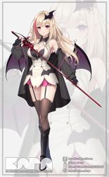 1girl artist_logo bare_shoulders bat_hair_ornament bat_wings black_garter_straps black_gloves black_jacket black_shoes blonde_hair boots breasts cleavage cleavage_cutout closed_mouth clothing_cutout commission dress fingerless_gloves garter_straps gloves hair_ornament highres holding holding_sword holding_weapon jacket kapa_draws knee_boots kou_mariya large_breasts logo long_hair mole mole_under_eye open_clothes open_jacket pink_hair pink_nails pixiv_username purple_eyes shoes solo sword thighhighs twitter_username v4mirai vgen_commission vgen_username virtual_youtuber weapon white_dress wings