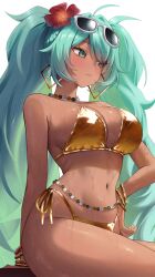 1girl absurdres aqua_eyes aqua_hair bead_belt bead_necklace beads bikini bracelet brazilian_miku breasts commentary dark-skinned_female dark_skin earrings eyewear_on_head flower gold_bikini gold_bracelet hair_flower hair_ornament hatsune_miku highres jewelry large_breasts long_hair navel necklace revision shiny_swimsuit sideboob solo stomach sunglasses swimsuit tan thighs twintails vitaminechan vocaloid