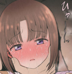 1girl after_war_gundam_x blush brown_hair crying crying_with_eyes_open dot_nose full-face_blush grabbing_another&#039;s_face gundam head_grab implied_rape looking_at_viewer mame_rakko paid_reward_available purple_eyes short_hair solo tears tiffa_adill