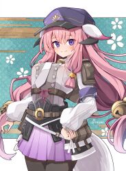 1girl animal_ears armor bell black_pantyhose blue_hat blush breasts commentary_request fox_tail gradient_clothes gradient_skirt hair_bell hair_ornament hat highres hina_(rune_factory) horns japanese_armor jingle_bell kusazuri large_breasts long_hair long_sleeves looking_at_viewer necktie pantyhose pauldrons pink_hair purple_eyes purple_skirt rune_factory rune_factory:_guardians_of_azuma shirt shoulder_armor skirt smile solo tail very_long_hair white_shirt yukikasa
