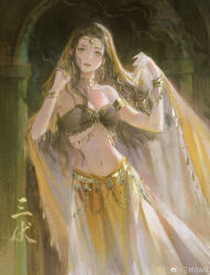 1girl absurdres arabian_clothes arch belt black_bra bra bracelet breasts brown_hair chain chinese_commentary chinese_text choker circlet cleavage commentary_request doorway earrings expressionless eyelashes feet_out_of_frame fringe_trim gold_armlet gold_belt gold_bracelet gold_chain gold_circlet gold_earrings green_eyes highres indoors jewelry lipstick long_hair long_skirt looking_at_viewer makeup making-of_available medium_breasts midriff multiple_bracelets navel nostrils original parted_lips pleated_skirt red_lips ribs sanfu_qwq sidelocks skinny skirt solo standing strapless strapless_bra teeth translation_request underwear vest watermark wavy_hair weibo_watermark yellow_skirt yellow_vest