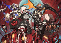 5girls animal_ears bare_shoulders bat_(animal) bat_wings black_bodysuit black_eyes black_hair black_skin blonde_hair body_fur bodysuit breasts briefcase candlelight candlestand capelet clothing_cutout colored_eyelashes colored_inner_hair colored_skin death_(entity) eyepatch full_moon fur_trim ghost grey_skin grim_reaper hair_ornament hairclip halloween hat highres holding holding_scythe kuroi_susumu long_hair looking_at_viewer mask moon mouth_mask multicolored_hair multicolored_skin multiple_girls muzzle_(mask) navel navel_cutout object_through_head orange_hair original pale_skin patchwork_skin platform_footwear ponytail prosthesis prosthetic_arm prosthetic_leg red_eyes red_hair scythe short_hair showgirl_skirt skeletal_wings sleeves_past_fingers sleeves_past_wrists streaked_hair sunglasses thigh_cutout twintails two-tone_hair underboob werewolf white_eyelashes white_hair wings witch_hat wolf_ears yellow_eyes zombie