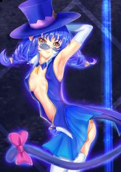1girl absurdres arm_up armpits ass blue-tinted_eyewear blue-tinted_glasses blue_cat_(precure) blue_gloves blue_hair blue_headwear blue_skirt breasts cat_tail choker closed_mouth detached_sleeves female_focus from_side gloves hair_ornament highres long_hair long_sleeves looking_at_viewer looking_over_eyewear looking_over_glasses miniskirt mitaka nipples precure skirt small_breasts smile solo standing star_twinkle_precure sunglasses tail thighhighs tinted_eyewear white_sleeves white_thighhighs yellow_eyes