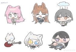 5girls :3 absurdres animal_ears bang_dream! bang_dream!_it&#039;s_mygo!!!!! black_hair blue_eyes blue_shirt blue_skirt brown_eyes brown_hair cat_ears cat_girl chaluo11 chibi chibi_only chihaya_anon chinese_commentary commentary_request drumsticks fang green_skirt grey_eyes grey_hair grey_jacket grey_neckerchief guitar haneoka_school_uniform heterochromia highres holding holding_drumsticks instrument jacket kaname_raana kemonomimi_mode long_hair mole mole_under_eye multiple_girls mygo!!!!!_(bang_dream!) nagasaki_soyo neckerchief open_mouth pink_hair pleated_skirt pointing purple_eyes raana_the_cat school_uniform shiina_taki shirt short_hair sidelocks simple_background skin_fang skirt takamatsu_tomori tsukinomori_school_uniform white_background yellow_eyes