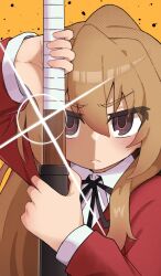 1girl aisaka_taiga black_ribbon brown_eyes brown_hair closed_mouth commentary devil_may_cry_(series) english_commentary highres holding holding_sword holding_weapon jacket koonowen layered_sleeves long_hair long_sleeves neck_ribbon orange_background red_jacket ribbon shirt simple_background solo sword toradora! weapon white_shirt