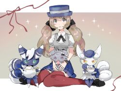 Rule 34 | 1girl, aisutabetao, alternate costume, alternate hairstyle, black bow, black footwear, blue fur, blue headwear, blue sclera, blue skirt, border, bow, brown hair, colored sclera, cross-laced footwear, cup, espurr, gen 6 pokemon, gradient background, green eyes, grey background, grey eyes, grey fur, hair bow, hat, highres, holding, holding plate, holding teapot, letterboxed, meowstic, meowstic (female), meowstic (male), multiple hair bows, nintendo, outside border, pantyhose, parted lips, plate, pleated skirt, pokemon, pokemon (creature), pokemon xy, purple eyes, red eyes, red pantyhose, red ribbon, ribbon, serena (pokemon), sitting, skirt, smile, sparkle, tea, teacup, teapot, teeth, twintails, white border, white bow, white fur, yellow sclera