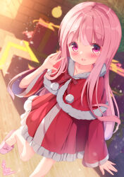 1girl :d blurry blurry_background blush box brick_wall capelet chinomaron collarbone commentary_request depth_of_field dress frilled_dress frills fur-trimmed_capelet fur_trim gift gift_box hair_between_eyes hakamada_hinata hand_up highres indoors long_hair long_sleeves open_mouth pink_hair pink_slippers purple_eyes red_capelet red_dress rou-kyuu-bu! signature slippers smile solo standing standing_on_one_leg twitter_username very_long_hair wide_sleeves