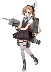 Rule 34 | 1girl, adapted costume, akagi kurage, akigumo (kancolle), aqua ribbon, boots, bow, brown gloves, brown hair, commentary request, fingerless gloves, gloves, green eyes, grey thighhighs, hair bow, highres, holding, kantai collection, lace-up boots, long hair, mole, mole under eye, neck ribbon, open mouth, original remodel (kantai collection), ribbon, rigging, shirt, simple background, skirt, solo, thigh strap, thighhighs, vest, white background, white shirt
