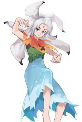 Rule 34 | 1girl, barefoot, blue dress, commentary request, dress, facial mark, forehead mark, forehead tattoo, green vest, grey eyes, highres, houjuu chimi, leaf clothing, red leaf, simple background, sleeveless, sleeveless dress, solo, touhou, u wstr, vest, white background, white hair