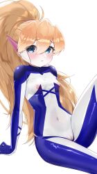 1girl :o absurdres biometal blonde_hair blue_eyes bodystocking breasts cameltoe ciel_(mega_man) commission commissioner_upload covered_erect_nipples covered_navel eyelashes fauron714 highres leaning_back light_blush long_bangs long_hair looking_at_viewer mechanical_ears mega_man_(series) mega_man_zero_(series) mega_man_zx model_z_(mega_man) no_armor no_headwear non-web_source petite ponytail sitting small_breasts thighs transparent_background