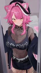 1girl animal_ear_piercing animal_ears bedroom belt beret black_belt black_collar black_hair black_hat black_jacket black_shirt black_skirt bra bra_peek breasts cleavage collar colored_tips commentary crop_top cross-laced_slit door fishnet_pantyhose fishnets goth_fashion grin hat heart heart-shaped_pupils highres hololive hololive_english hood hooded_jacket jacket large_breasts long_sleeves looking_at_viewer miniskirt multicolored_hair navel off_shoulder official_alternate_costume official_alternate_hairstyle open_clothes open_jacket panther_ears panther_girl panther_tail pantyhose parted_bangs pink_hair plaid_clothes plaid_skirt raora_panthera see-through_cleavage see-through_clothes see-through_shirt shirt short_hair short_hair_with_long_locks shuuzo3 side_slit skirt smile solo streaked_hair symbol-shaped_pupils tail underwear virtual_youtuber white_belt white_hair yellow_eyes