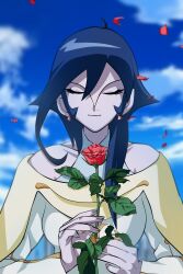 1girl absurdres asymmetrical_bangs bakugan bakugan_gundalian_invaders bare_shoulders blue_hair breasts closed_eyes cloud cloudy_sky earrings fabia_sheen flower highres jewelry medium_breasts pale_skin red_flower red_rose rose sky tiyanael