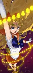 1girl absurdres aino_minako ako_(hoshiya_830) arm_up back_bow bishoujo_senshi_sailor_moon blonde_hair blue_bow blue_bowtie bow bowtie breasts circlet commentary covered_navel elbow_gloves gloves hair_bow highres inner_senshi long_hair magical_girl open_mouth orange_bow orange_sailor_collar orange_skirt sailor_collar sailor_senshi_uniform sailor_shirt sailor_venus shirt signature skirt solo venus_love_me_chain white_gloves