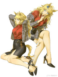 1girl absurdres adjusting_hair ahoge animal_ears arms_up belt black_belt black_shoes black_skirt blue_bow blue_eyes blue_nails bow breasts casual chain commentary_request crossed_legs ear_bow full_body gold_chain gold_city_(umamusume) grey_jacket high_heels highres horse_ears horse_girl horse_tail jacket jacket_partially_removed long_hair long_sleeves medium_breasts multiple_views nail_polish official_alternate_costume open_clothes open_jacket parted_lips pencil_skirt plaid_clothes plaid_jacket red_sweater ruukii_drift shoes simple_background sitting skirt soles sweater tail umamusume v watermark weibo_watermark white_background yokozuwari