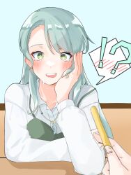 Rule 34 | !?, 2girls, aqua hair, bang dream!, blush, collared shirt, commentary request, dress, dress shirt, female pov, food, french fries, green dress, green eyes, head rest, highres, hikawa sayo, holding, holding food, long hair, long sleeves, looking at viewer, multiple girls, nanami (nunnun 0410), open mouth, pinafore dress, pov, shirt, sleeveless, sleeveless dress, solo focus, spoken blush, spoken interrobang, teeth, upper teeth only, white shirt