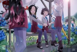 6+girls ahoge asashimo_(kancolle) bench black_hair blue-framed_eyewear blue_ribbon blunt_bangs blurry bob_cut bonozako braid brown_eyes brown_hair bus_stop closed_eyes depth_of_field double_bun dress forehead gradient_hair green_hair grey_eyes grey_hair grey_legwear hair_bun halterneck highres kantai_collection kishinami_(kancolle) long_hair long_sleeves makinami_(kancolle) multicolored_hair multiple_girls naganami_(kancolle) neck_ribbon okinami_(kancolle) pantyhose pink_hair pleated_dress ponytail purple_dress ribbon school_uniform shirt short_hair short_hair_with_long_locks sidelocks sign sitting standing takanami_(kancolle) umbrella wavy_hair white_shirt