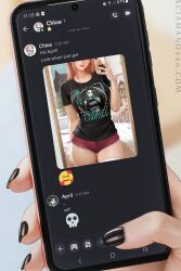 Rule 34 | 2girls, applying manicure, april (sciamano240), aqua nails, arm behind back, bed, bed sheet, black nails, black shirt, cat, cellphone, chloe (sciamano240), closed mouth, collarbone, dolphin shorts, ear piercing, emoji, highres, holding, holding phone, indoors, iphone, lipstick, makeup, mirror selfie, multiple girls, nail polish, original, phone, piercing, pillow, pink hair, pink nails, red shorts, sciamano240, selfie, shirt, short shorts, shorts, sloth (animal), smartphone, smile, solo, standing, t-shirt, thighhighs, thighs, white thighhighs