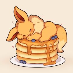Rule 34 | :d, ^ ^, absurdres, blueberry, blush, brown background, brown fur, closed eyes, commentary, eevee, english commentary, food, fruit, full body, gen 1 pokemon, heart, highres, lying, maple syrup, neck fur, nintendo, no humans, on food, on stomach, open mouth, pancake, pancake stack, plate, pokemon, pokemon (creature), sevi (seviyummy), smile, tail, watermark