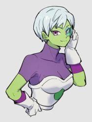 1girl adjusting_eyewear bodysuit bodysuit_under_clothes breasts cheelai cheelai closed_mouth colored_skin dragon_ball dragon_ball_super dragon_ball_super_broly gloves green-tinted_eyewear green_skin grey_background kemachiku looking_at_viewer medium_breasts purple_bodysuit purple_eyes scouter short_hair simple_background smile solo tinted_eyewear upper_body white_gloves white_hair