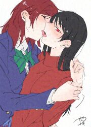 2girls adversarial_noise black_hair blue_jacket bow bowtie closed_eyes collared_shirt french_kiss green_bow green_bowtie highres holding_another&#039;s_wrist jacket kiss long_hair long_sleeves love_live! love_live!_school_idol_project medium_hair multiple_girls nishikino_maki red_eyes red_hair red_sweater shirt simple_background surfacedxxc sweater tongue tongue_out white_background white_shirt yazawa_nico yuri