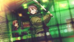 2girls asakura_toru bag baseball_bat black_coat black_shirt coat game_cg green_coat highres higuchi_madoka holding holding_bag holding_baseball_bat idolmaster idolmaster_shiny_colors multiple_girls official_art open_mouth shirt