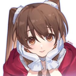 1girl :p brown_eyes brown_hair gloves hands_on_own_cheeks hands_on_own_face highres long_hair looking_at_viewer mikou_(mikou_minnow) ogiso_setsuna portrait scrunchie tongue tongue_out twintails white_album_(series) white_album_2 white_gloves white_scrunchie