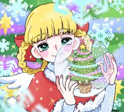 Rule 34 | 1girl, blonde hair, blush, blush stickers, bow, braid, braided hair rings, capelet, christmas tree, closed mouth, eyelashes, fujishima moyu, fur-trimmed capelet, fur trim, green eyes, hair bow, hair rings, highres, holding, holding snow globe, long sleeves, looking at viewer, original, pink nails, red bow, red capelet, smile, snow globe, snowflakes, solo, upper body, white wings, wings