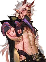 1boy abs absurdres arataki_itto biceps black_hair black_nails blush body_markings bodypaint cawchan choker coat colored_inner_hair covering_own_mouth detached_sleeves earrings facepaint genshin_impact guilty_challenge_(meme) hand_on_own_face highres horns jewelry long_hair looking_at_viewer male_focus mature_male meme multicolored_hair muscular muscular_male navel oni pectorals pointy_ears red_hair red_horns simple_background sleeveless sleeveless_coat spiked_choker spikes two-tone_hair upper_body white_background white_hair
