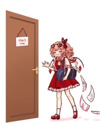 Rule 34 | 1girl, ^ ^, ascot, bag, blonde hair, closed eyes, collared shirt, commentary, door, english commentary, english text, eyewear on head, flandre scarlet, frilled skirt, frills, goodbye, holding, holding bag, mary janes, medium hair, red skirt, red vest, shirt, shoes, side ponytail, sketch, skirt, socks, touhou, vest, waving, white shirt, white socks, wings, yoruny