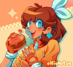 1girl artist_name blue_eyes bow brown_hair burger earrings ellie_lotus fingerless_gloves food gloves hair_bow highres holding holding_burger holding_food jacket jewelry long_hair mario_(series) mario_kart mario_kart_world nintendo open_mouth orange_gloves orange_jacket princess_daisy princess_daisy_(touring) smile sparkle zipper_pull_tab