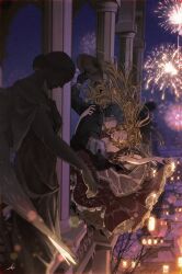 2girls absurdres aerial_fireworks arm_around_waist arm_up bare_shoulders black_eyes black_gloves black_hair black_jacket blonde_hair blurry bokeh brown_dress brown_hat building city closed_eyes column commentary depth_of_field dress english_commentary fireworks gloves hair_ornament hand_on_another&#039;s_back hat high_heels highres holding holding_hat holding_unworn_clothes jacket jewelry lace_trim long_hair long_sleeves looking_at_another multiple_girls necklace night off-shoulder_dress off_shoulder open_mouth original outdoors outstretched_arm parted_lips pearl_necklace pillar puffy_short_sleeves puffy_sleeves see-through_clothes see-through_shawl shawl shoes short_sleeves signature smile statue teeth toktin_zq tree unworn_hat unworn_headwear white_shoes yuri