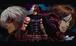 black_cloak black_hair cloak closed_mouth facial_scar gloves highres k&#039;_(kof) kusanagi_kyou looking_at_viewer male_focus metal_gloves multicolored_hair multiple_boys muscular muscular_male nameless_(kof) raydash30 scar scar_across_eye scar_on_cheek scar_on_face short_hair smile snk split-color_hair the_king_of_fighters the_king_of_fighters_2002 two-tone_hair white_hair