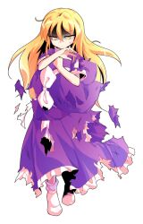 1girl alphes_(style) bare_arms blonde_hair bow commentary_request dairi defeat dress frilled_dress frills full_body hair_between_eyes hat hat_bow holding holding_unworn_clothes holding_unworn_hat kirisame_marisa kirisame_marisa_(pc-98) large_variant_set long_hair parody purple_dress purple_hat short_sleeves socks solo standing style_parody tachi-e torn_clothes torn_dress touhou touhou_(pc-98) transparent_background unworn_hat unworn_headwear variant_set white_socks witch_hat