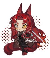 1girl animal_ears animal_hands black_pants black_shirt bngb_love brown_coat cat_ears cat_girl cat_tail coat collared_shirt deformed e.g.o_(project_moon) full_body gebura_(project_moon) grey_eyes heterochromia highres holding holding_sword holding_weapon library_of_ruina long_hair long_sleeves looking_at_viewer mimicry_(e.g.o) pants parted_bangs pawpads project_moon red_hair scar scar_across_eye scar_on_face shirt sidelocks simple_background solo standing sword tail very_long_hair weapon white_background yellow_eyes