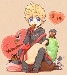 1boy between_legs black_coat black_coat_(kingdom_hearts) black_gloves black_pants black_shoes blonde_hair blue_eyes blush_stickers bow brown_background chocolate coat commentary_request dated dusk_(kingdom_hearts) eating food full-length_zipper full_body gloves hand_up heart heartless_(kingdom_hearts) holding holding_food holding_popsicle hood hood_down hooded_coat ice_cream kingdom_hearts long_sleeves male_focus moogle nobody_(kingdom_hearts) open_mouth outline pants popsicle red_bow red_ribbon ribbon roxas samurai_(kingdom_hearts) shadow_(kingdom_hearts) shoes short_hair sitting spiked_hair spread_legs valentine white_outline yubon zipper